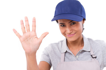 confident female worker raising her palm, pointing up 5 fingers