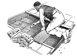 Engraving of farmer planting seeds in a small greenhouse