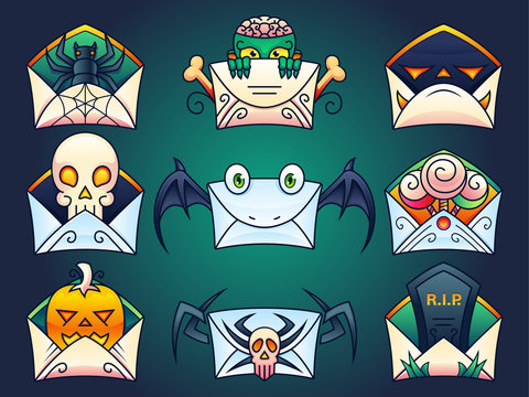 Halloween Mail Icons Set. A set of mail/envelope illustrations with: spider, zombie, skull, bat wings, candy, pumpkin, rip stone
