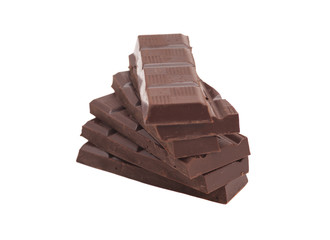 Broken milk chocolate bar isolated on white background