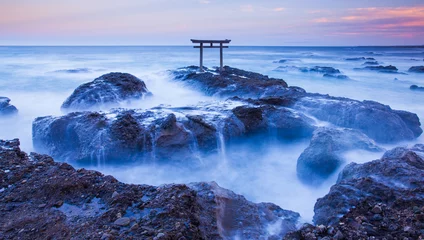 Gordijnen Japan landscape of traditional Japanese gate and sea at Oarai  Ibaraki prefecture. © torsakarin
