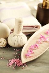Beautiful spa composition with hyacinth flowers, close up