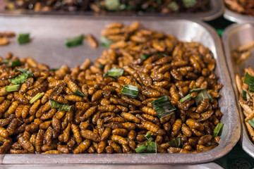Heap of fried caterpillars for sale in Thailand fresh food market