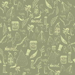 Vector vintage Elegant seamless doodle pattern with pears, jar