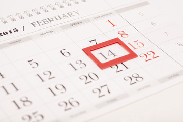 2015 year calendar. February calendar with red mark on 14 Februa