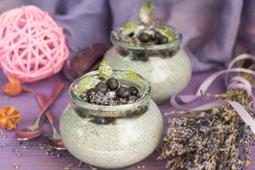 A pudding with Chia seeds, blueberries and lavender