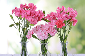 Naklejka na ściany i meble Beautiful bouquet of pink carnation in vases on bright background