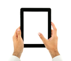 Male hands holding tablet isolated on white