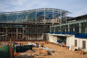 New unfinished airport terminal made by Sunlit glass