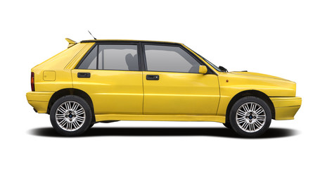 Yellow italian hatchback car isolated on white - obrazy, fototapety, plakaty