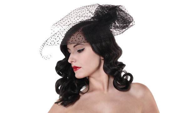retro black and white portrait of brunette woman with vintage hairstyle isolated on white background.copy space.
