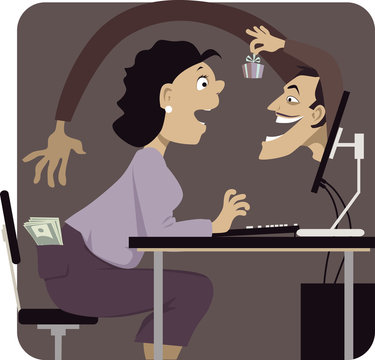 Online Scammer Reaching To Steal Money From Woman's Pocket, Distracting Her With A Gift Or A Freebie, Vector Illustration