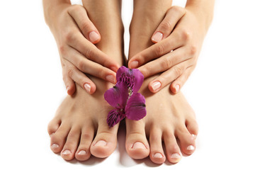 Female feet at spa pedicure procedure with flower isolated on white