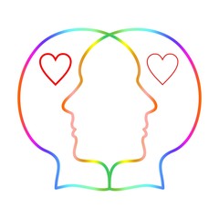 Two colorful folded head with two hearts in their heads on a white background
