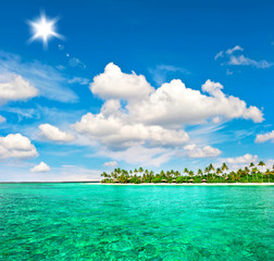Fototapeta na wymiar Tropical beach with palm trees and sunny blue sky