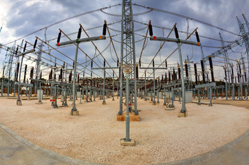 High voltage switchyard in electrical substation in fisheye perspective