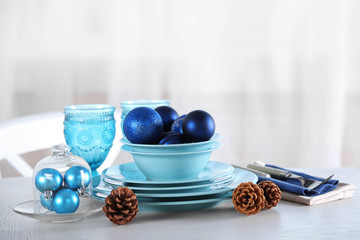 Decorated Christmas table setting. Christmas menu concept