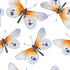 Watercolor butterflies, seamless floral vintage pattern backgrou