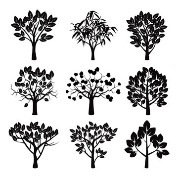 Set of black vector plants and trees