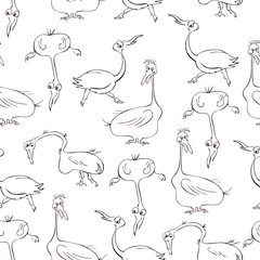 Black and white vector seamless pattern with hand drawn poultry silhouettes for thanksgiving day. Cute cartoon turkeys. Comic turkey illustration.