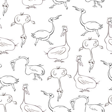 Black and white vector seamless pattern with hand drawn poultry silhouettes for thanksgiving day. Cute cartoon turkeys. Comic turkey illustration.
