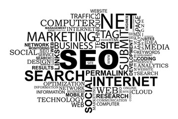 Words in a wordcloud related to SEO search optimization concept