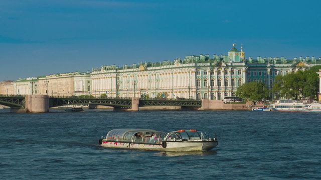 View Winter Palace in Saint Petersburg from Neva river. Russia