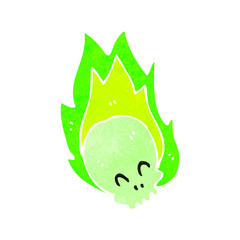 retro cartoon flaming green skull