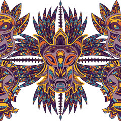 seamless pattern with tribal mask and aztec geometric latin American ornament.Hand drawn vector illustration