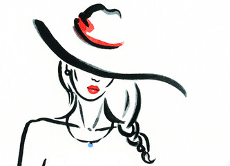 woman portrait with hat .abstract watercolor .fashion background