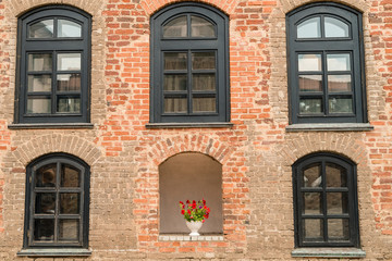 Fototapeta na wymiar Blooming flowers in a vase in the portal brick-stone wall of a m