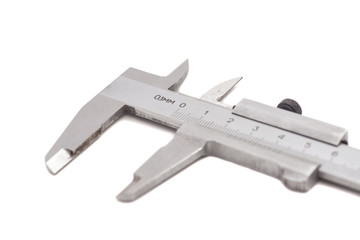 Metal vernier caliper on white background