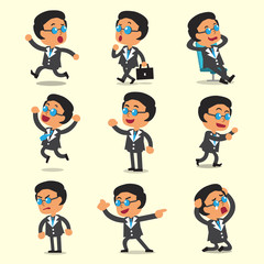 Cartoon business boss character poses on yellow background