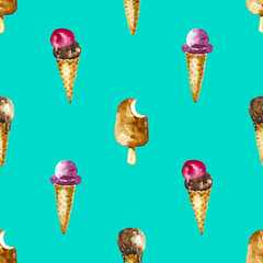 Seamless pattern with watercolor ice cream