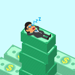 Cartoon business boss falling asleep on money stacks for design.