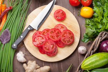Fresh farmers garden vegetables and herbs cooking