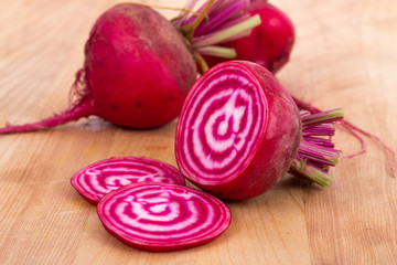 Chioggia striped beet on wood table