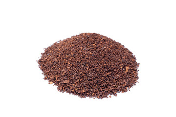 Heap of coarsely grinded or ground coffee isolated on white background