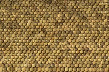 Aerial closeup view of tiles on Golden Roof (Goldenes Dachl) taken from the top of City Tower (Stadtturm, 51 meters). Golden Roof has 2,738 fire-gilded copper tiles.