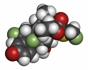 Fluticasone corticosteroid drug molecule. 