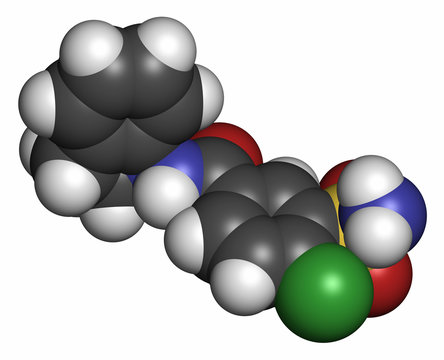 Indapamide hypertension drug molecule (diuretic). 