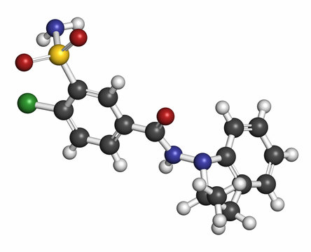 Indapamide hypertension drug molecule (diuretic). 