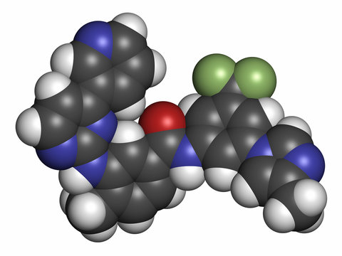 Nilotinib cancer drug molecule (tyrosine kinase inhibitor). 