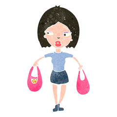 retro cartoon woman carrying shopping bags