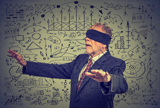 Portrait blindfolded elderly senior business man going through social media data