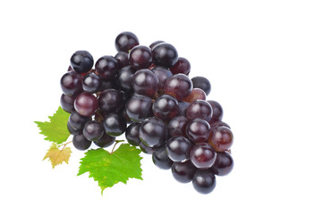 Black grape with leaf isolated on white background