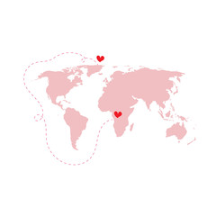 Pink world map Atlas with love around the world red heart isolat