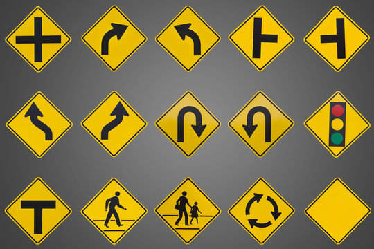 yellow road signs, traffic signs set on grey background
