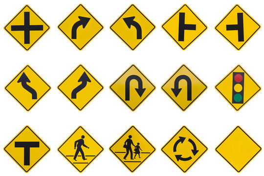 yellow road signs, traffic signs set on white background