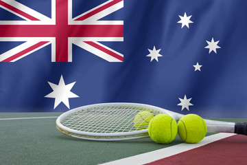 Australian open tennis concept with flag and ball